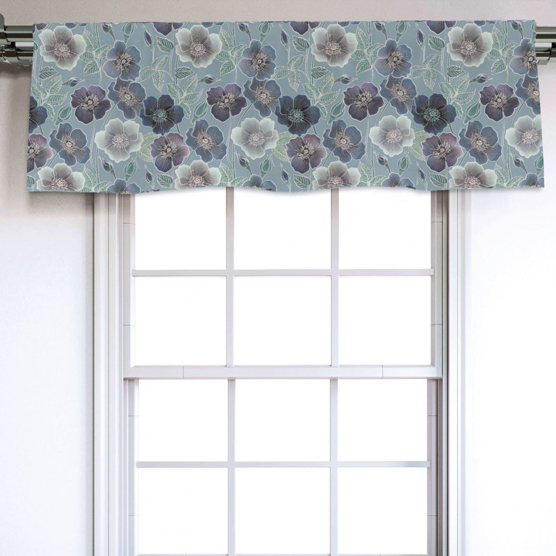 East Urban Home Floral Sateen Ruffled 54'' Window Valance in Teal/Gray Wayfair